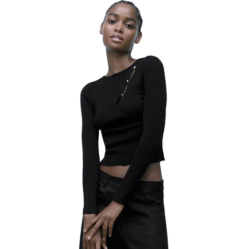 Round Neck Knit Top with Button detail