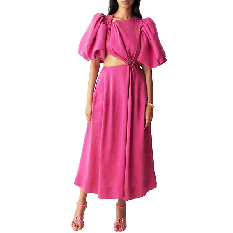 Crew Neck Cut Out Waist Maxi Dress