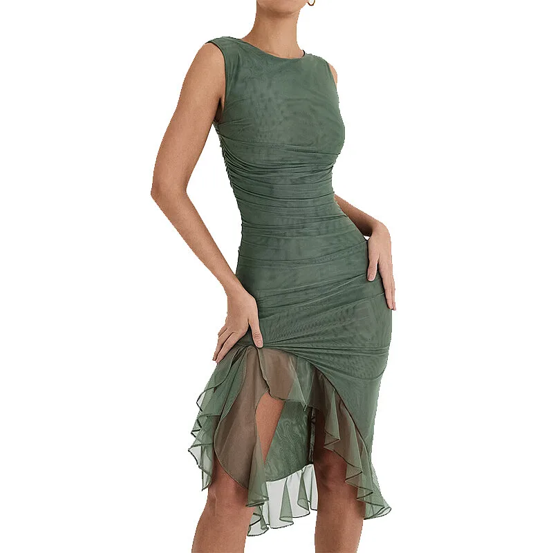 Pleat Mesh Mini Dress
