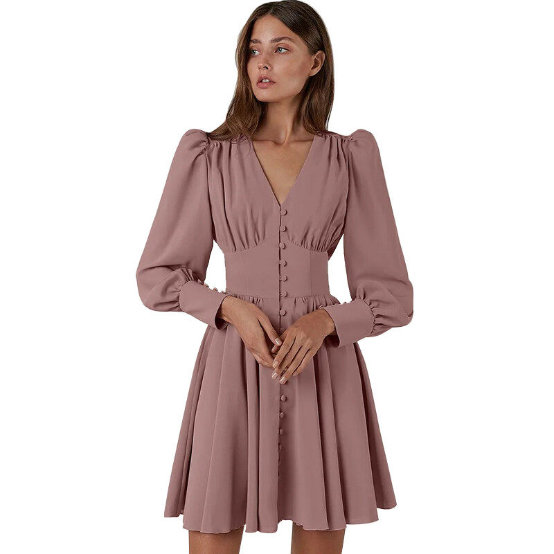 Solid V-neck Lanter  Sleeves Button Through   A-line   Mini  Dress