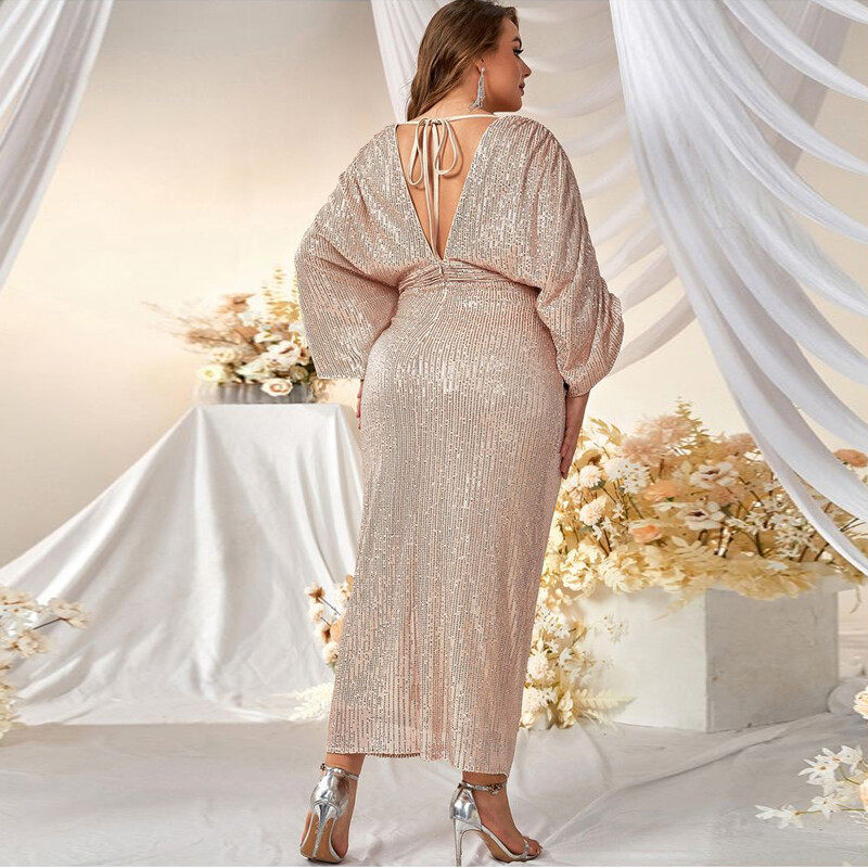 Sequin V-neck evening dress fishtail dress