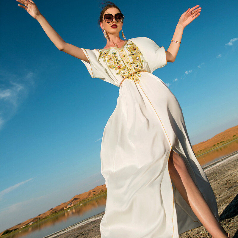 Gold lace-embroidered hand-sewn diamond dress