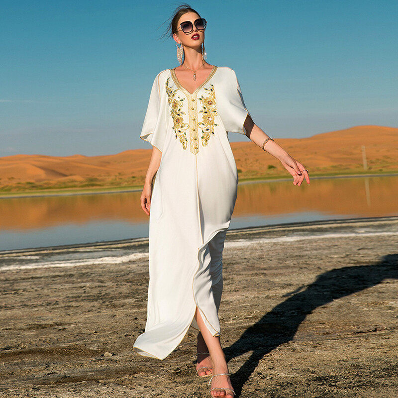 Gold lace-embroidered hand-sewn diamond dress