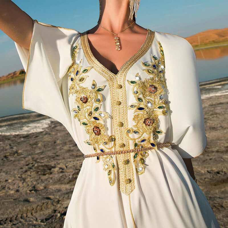 Gold lace-embroidered hand-sewn diamond dress