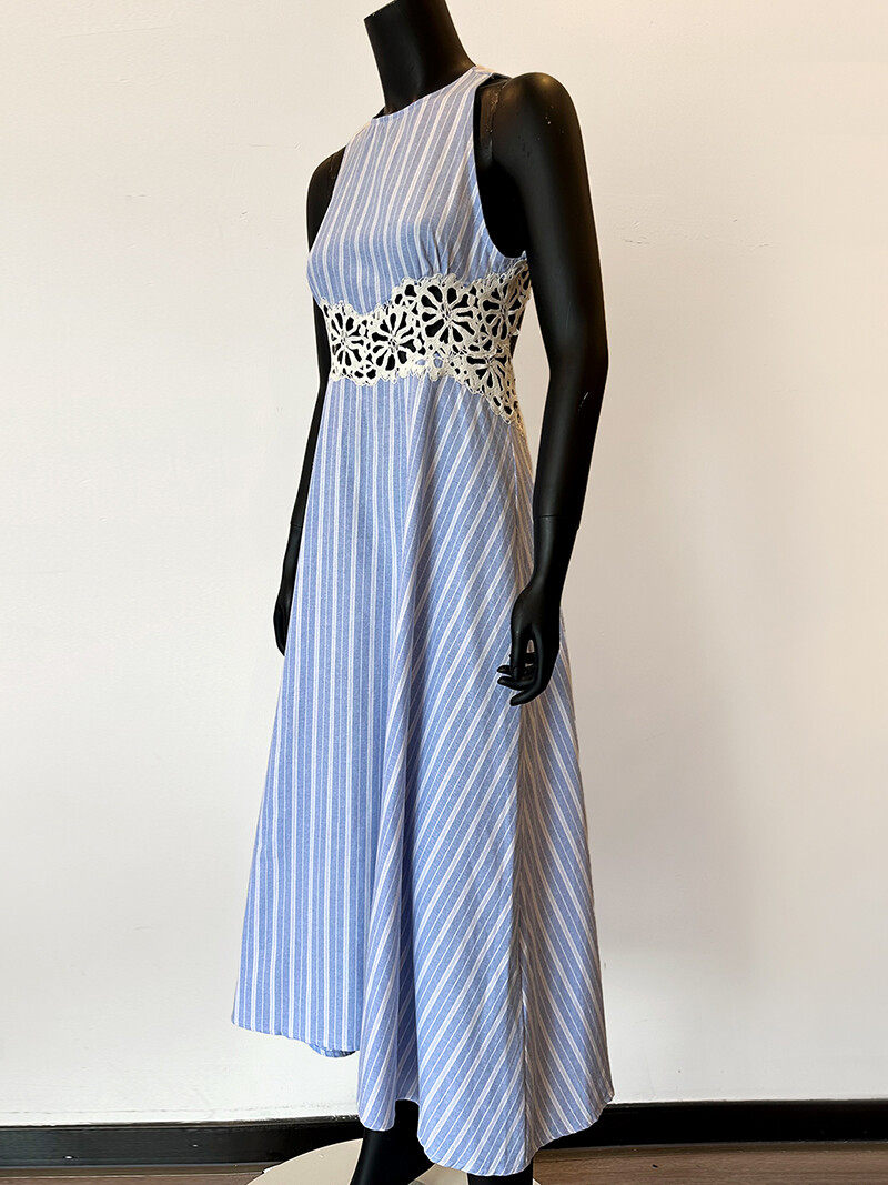 Blue and white striped back lace openwork dress