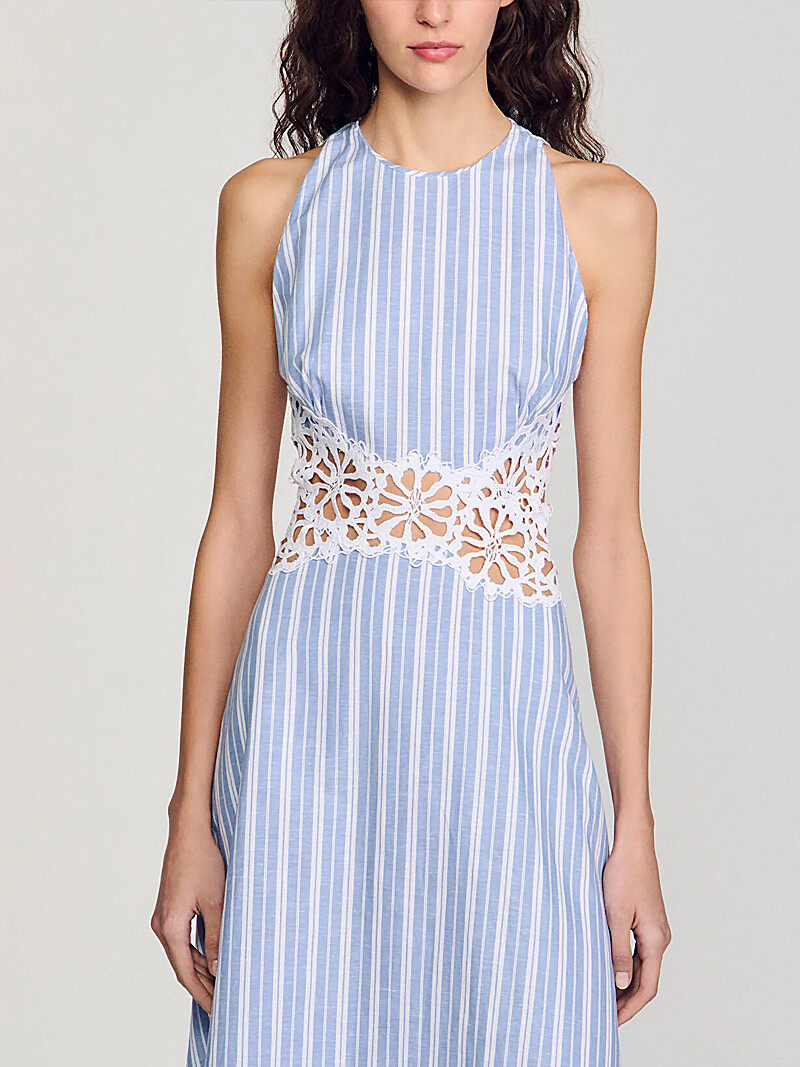 Blue and white striped back lace openwork dress