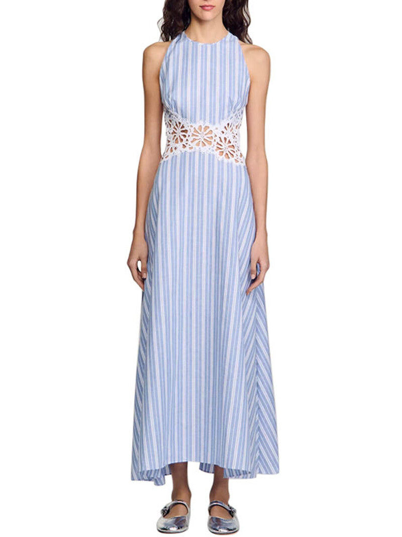 Blue and white striped back lace openwork dress