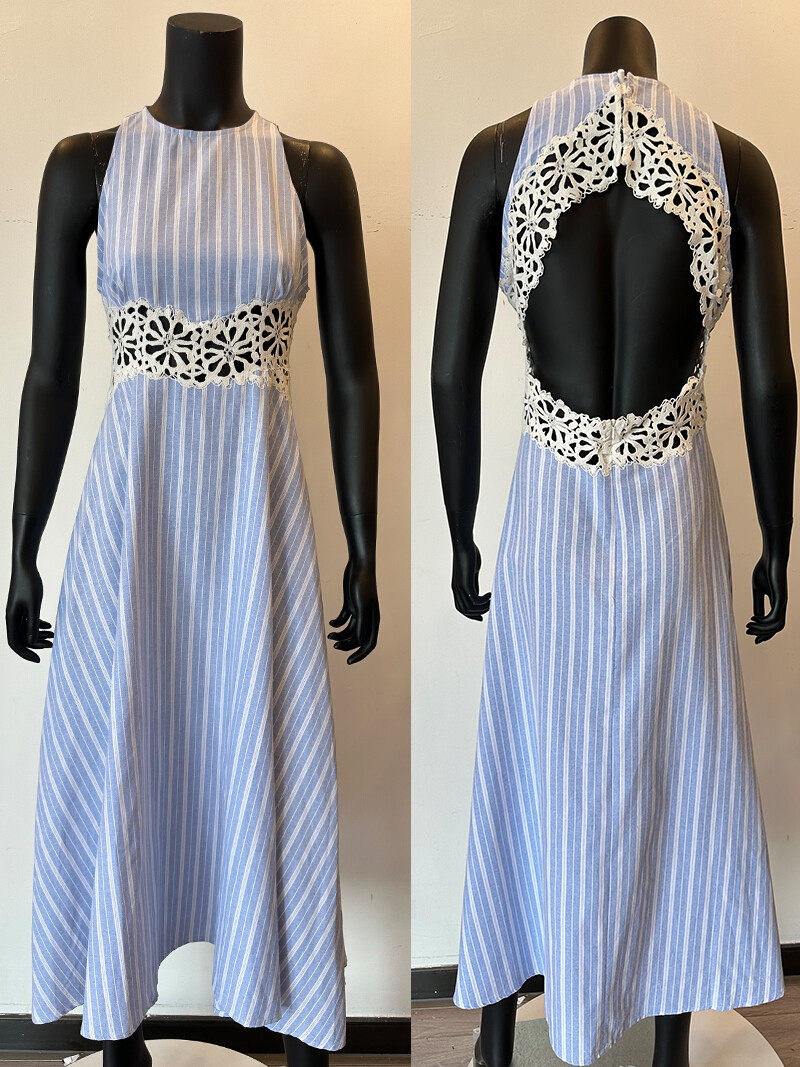 Blue and white striped back lace openwork dress