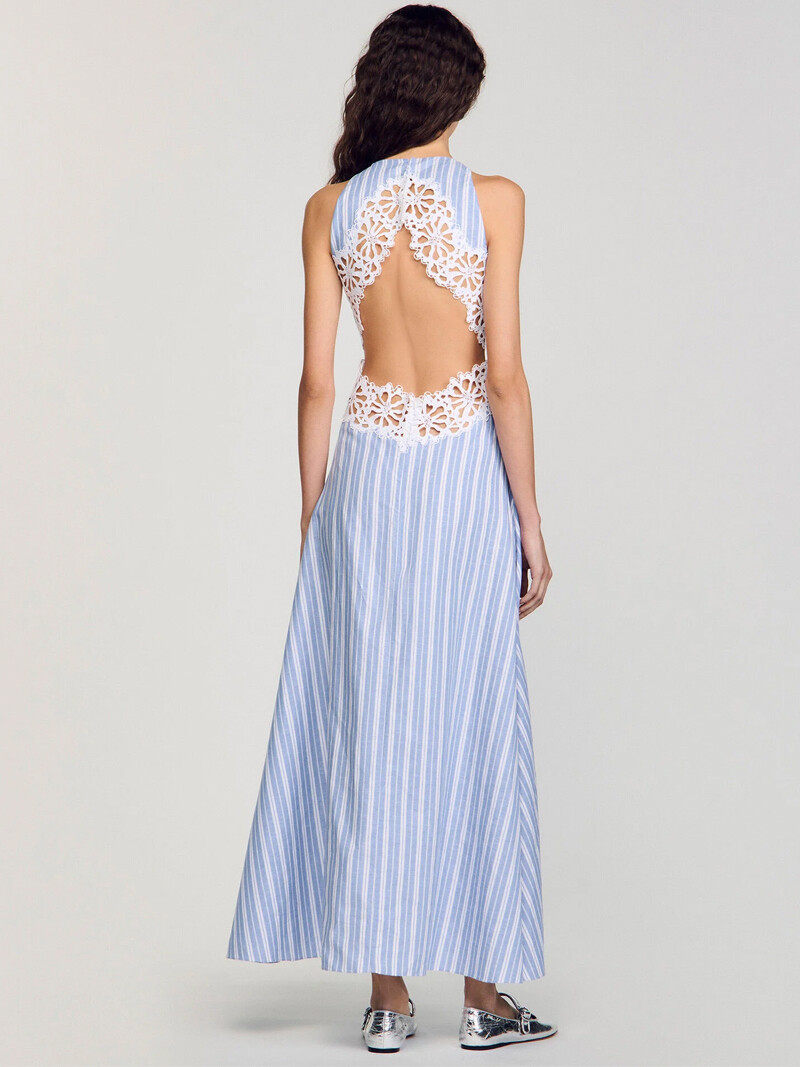 Blue and white striped back lace openwork dress