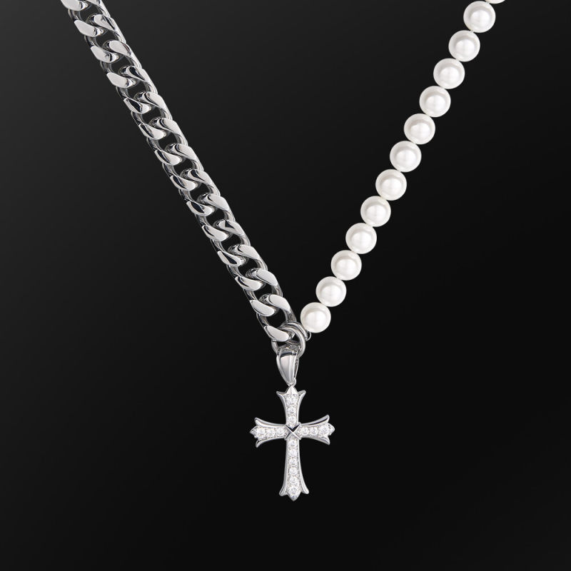 10mm 18in Cuban Link Pearl Necklace in White Gold with 10mm Cuban Link Chain and Diamond Cross Pendant