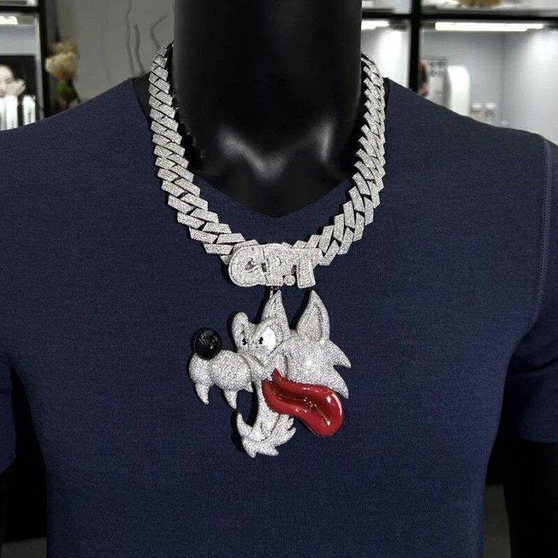 Custom Wolf Pendant With Enamel Tongue, 925 Sterling Silver Vvs Moissanite Diamond, Pass Diamond Tester Iced Out Hip Hop Jewelry