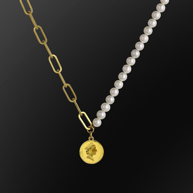 6mm 18in Pearl Necklace +Cable Chain with Coin For Women