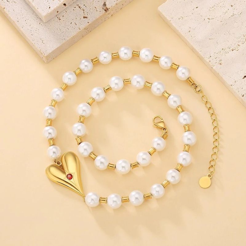 8mm 18 in Pearl Necklace with Heart for Women