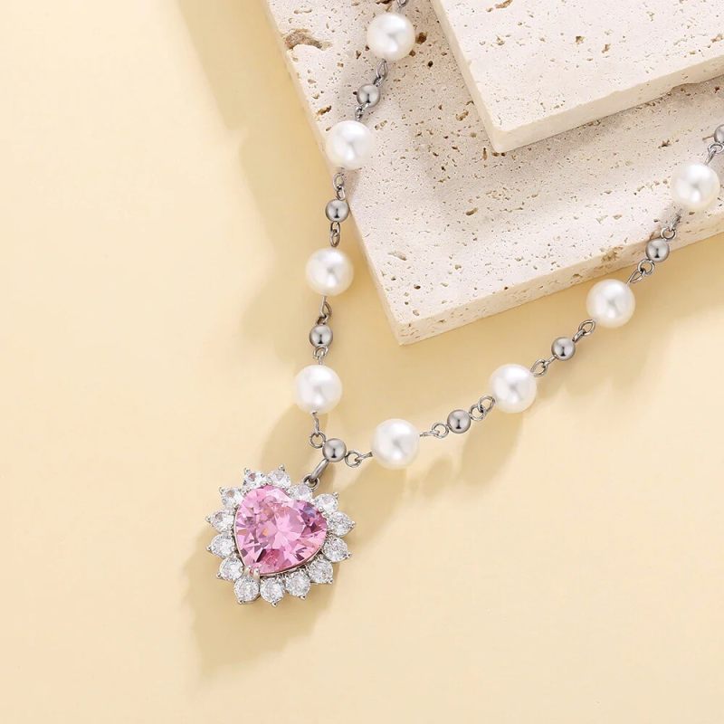 8mm 18in  June Birthstone Diamond Pink Spinel Heart Pendant Pearl Necklace for Women