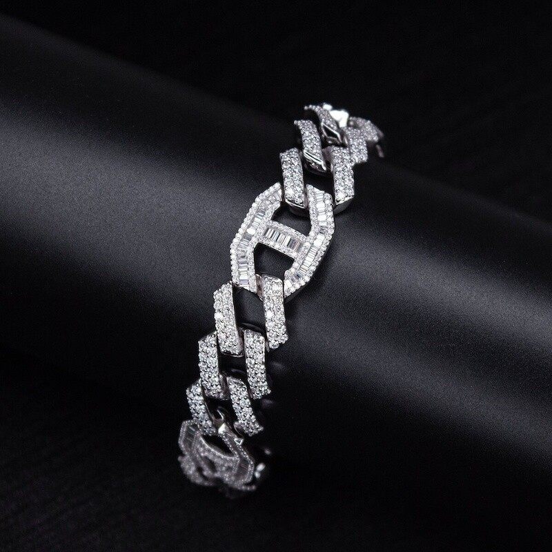 Custom 17mm Baguette Moissanite Diamond Cuban Bracelet 925 Sterling Silver Iced Out Men's Hip Hop Bracelet
