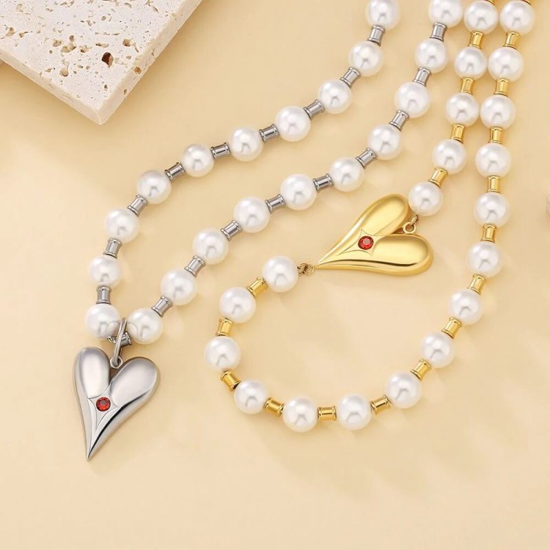 8mm 18 in Pearl Necklace with Heart for Women