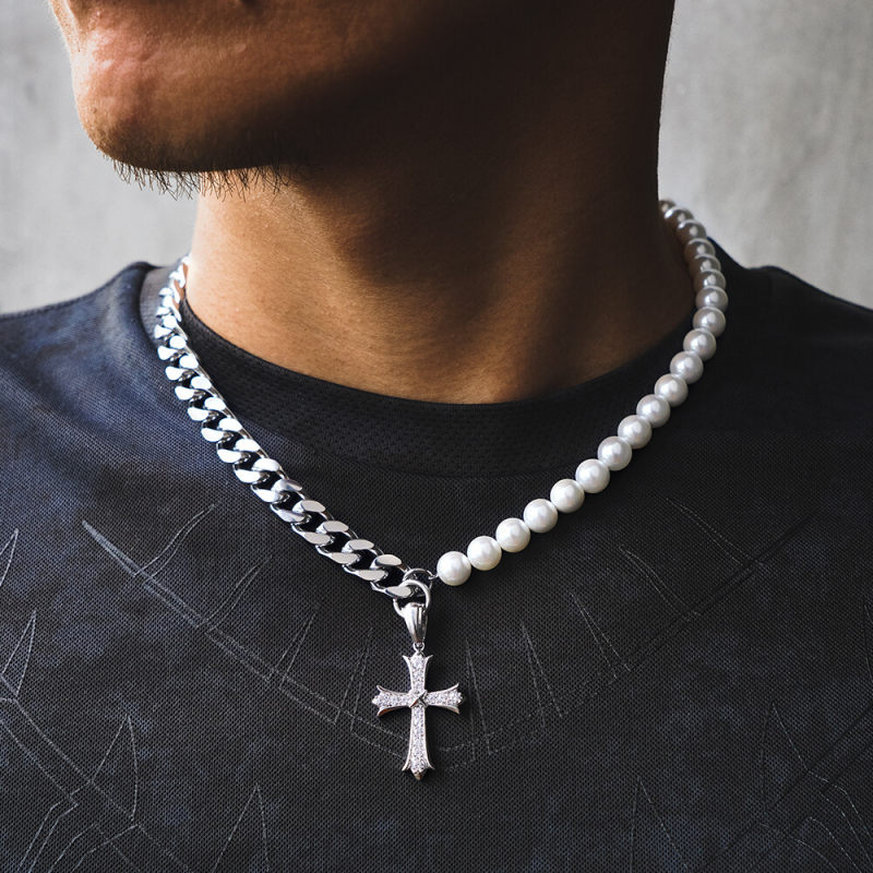 10mm 18in Cuban Link Pearl Necklace in White Gold with 10mm Cuban Link Chain and Diamond Cross Pendant