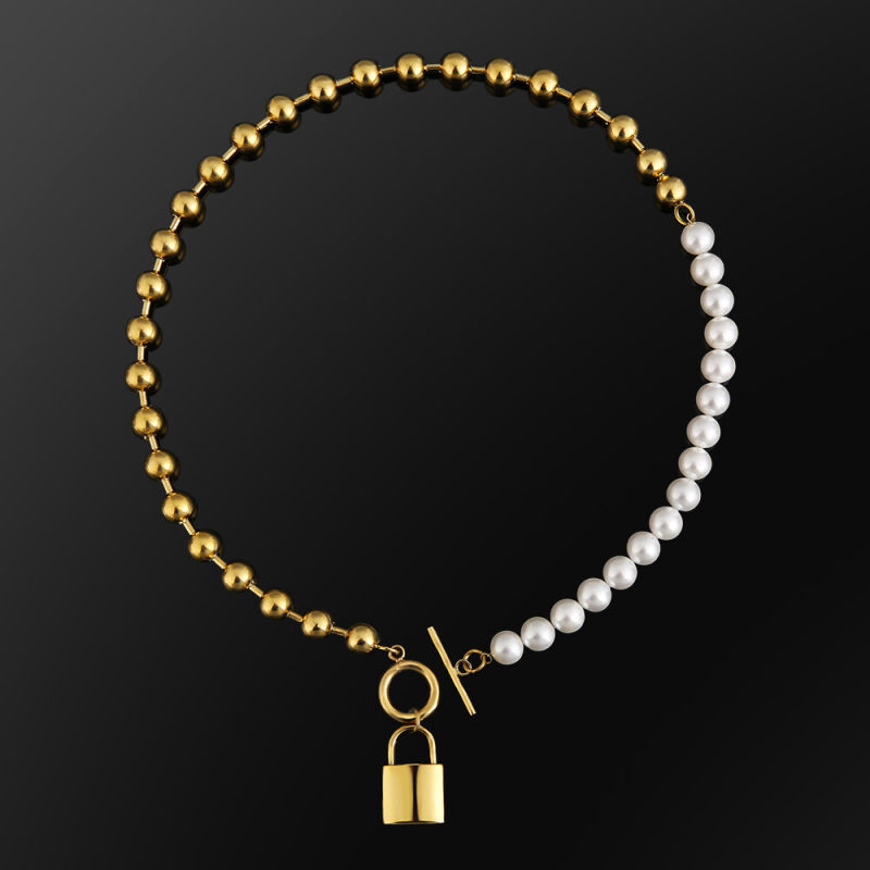8mm 18in Women Pearl Necklace +Bead Chain with Lock Pendant White Gold/Yellow Gold