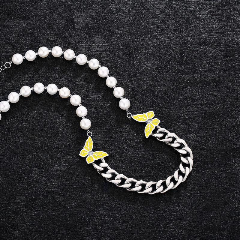 8mm 18in  Pearl Cuban Necklace with Double Butterfly for Women