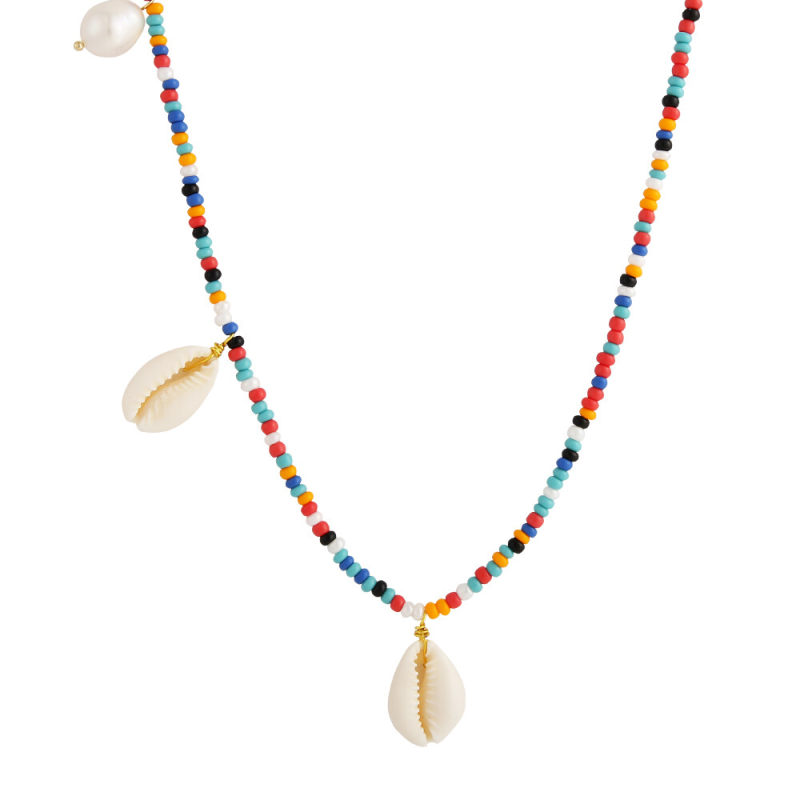 6mm 19in Colorful Beaded Shell Necklace with Handmade Braided Pearl Rice Beads for Women