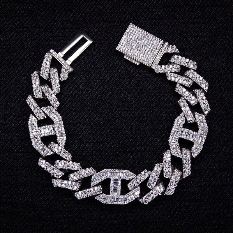 Custom 17mm Baguette Moissanite Diamond Cuban Bracelet 925 Sterling Silver Iced Out Men's Hip Hop Bracelet