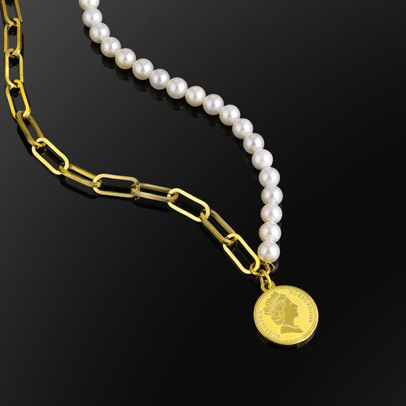 6mm 18in Pearl Necklace +Cable Chain with Coin For Women