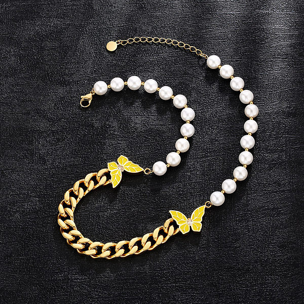 8mm 18in  Pearl Cuban Necklace with Double Butterfly for Women