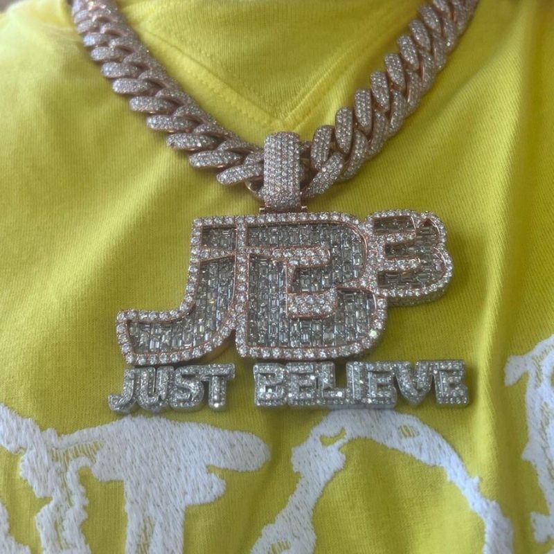 Custom Emerald Moissanite Diamond Letter Pendant, Rose Gold Plated, Iced Out Jewelry, Hip Hop Rapper Name Necklace Chain