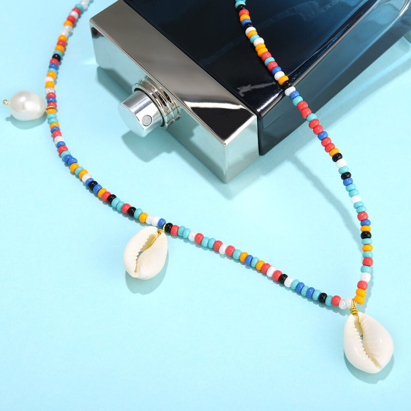 6mm 19in Colorful Beaded Shell Necklace with Handmade Braided Pearl Rice Beads for Women