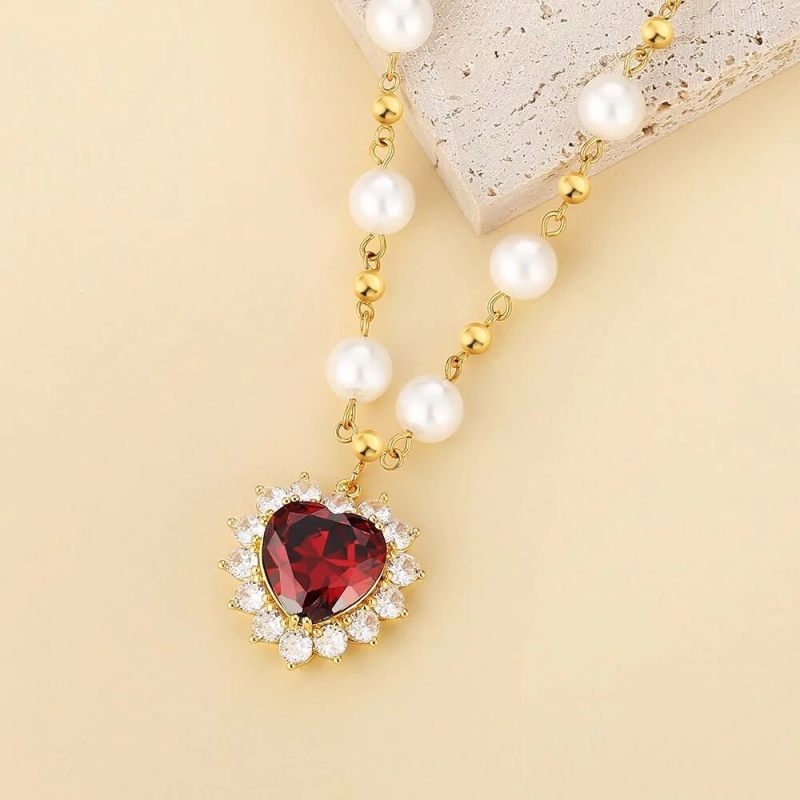 8mm 18in Diamond Red Ruby Heart Pendant Pearl Necklace for Women