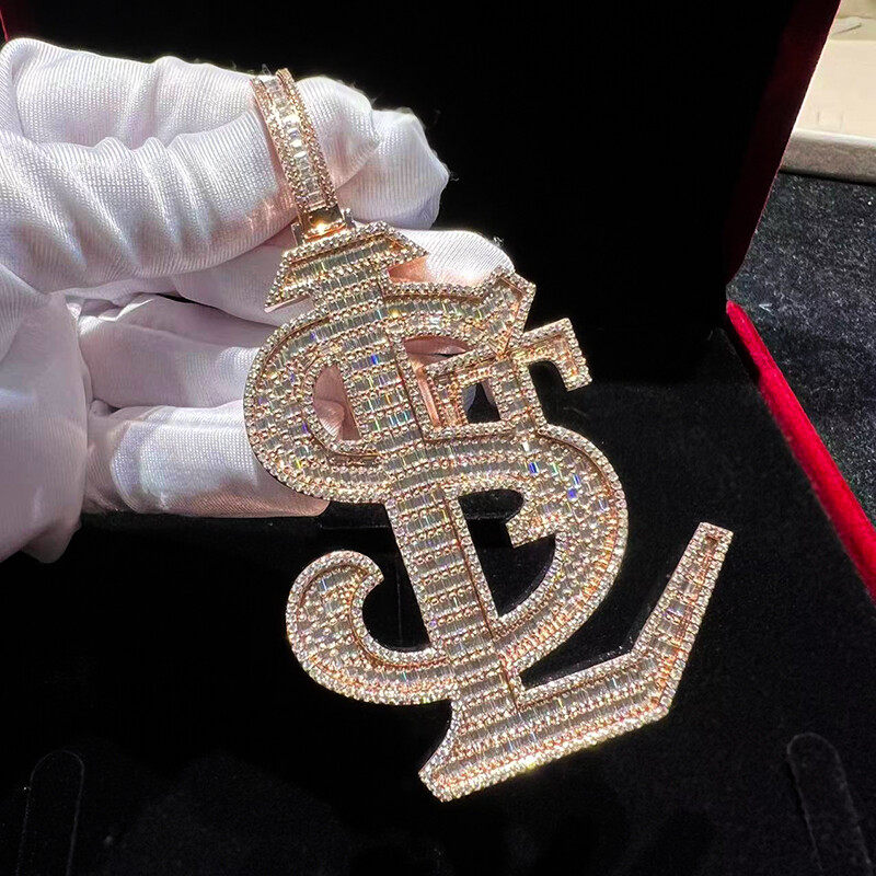 Custom Initial Letter Pendant, Emerald Moissanite Diamond, Iced Out Jewelry, Hip Hop Rapper Name Necklace Chain