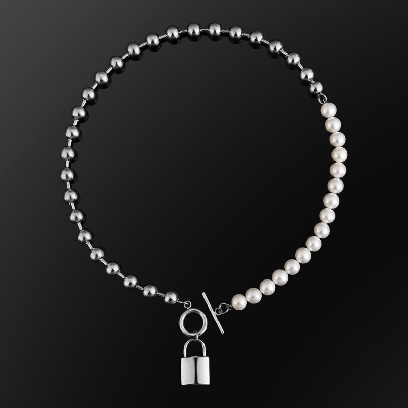 8mm 18in Women Pearl Necklace +Bead Chain with Lock Pendant White Gold/Yellow Gold