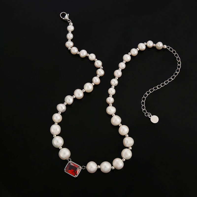 8mm 14+3'' Red Ruby Freshwater Pearl Beaded Necklace