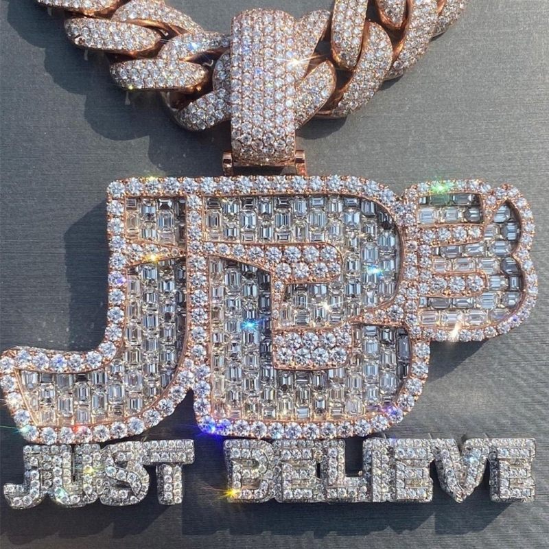 Custom Emerald Moissanite Diamond Letter Pendant, Rose Gold Plated, Iced Out Jewelry, Hip Hop Rapper Name Necklace Chain