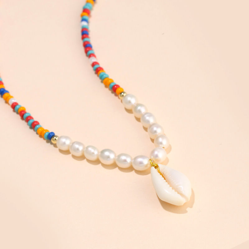 6mm 19in Colorful Beaded Shell Necklace with Handmade Braided Pearl Rice Beads for Women