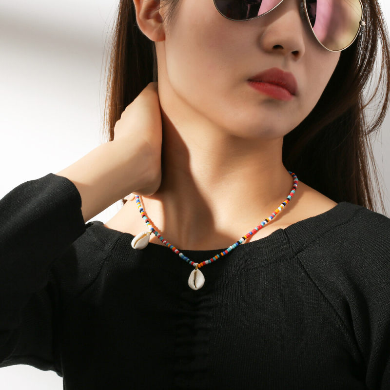6mm 19in Colorful Beaded Shell Necklace with Handmade Braided Pearl Rice Beads for Women