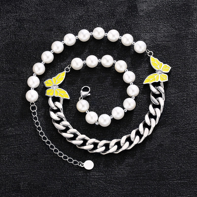 8mm 18in  Pearl Cuban Necklace with Double Butterfly for Women