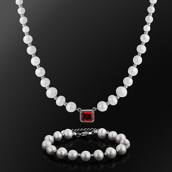 8mm Red Ruby Freshwater Pearl Beaded Necklace and Bracelet Set KRKC  8mm Red Ruby Freshwater Pearl Beaded Necklace and Bracelet Set