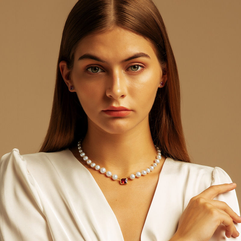 8mm 14+3'' Red Ruby Freshwater Pearl Beaded Necklace