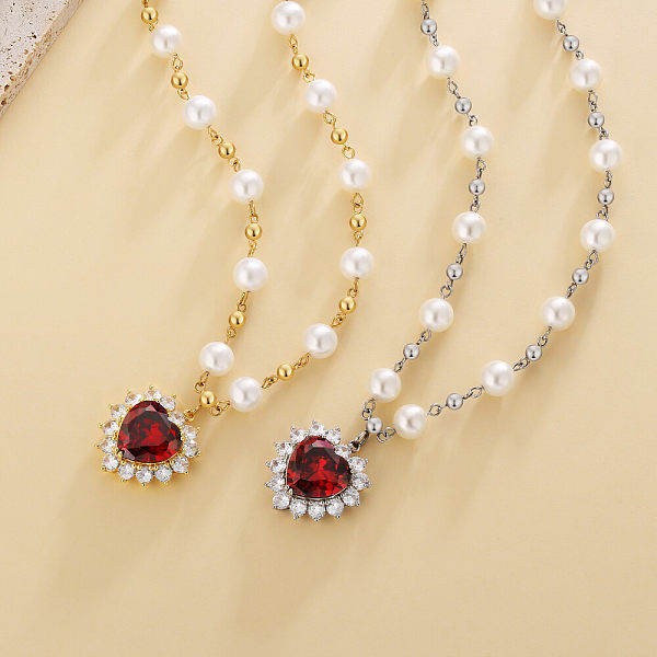 8mm 18in Diamond Red Ruby Heart Pendant Pearl Necklace for Women