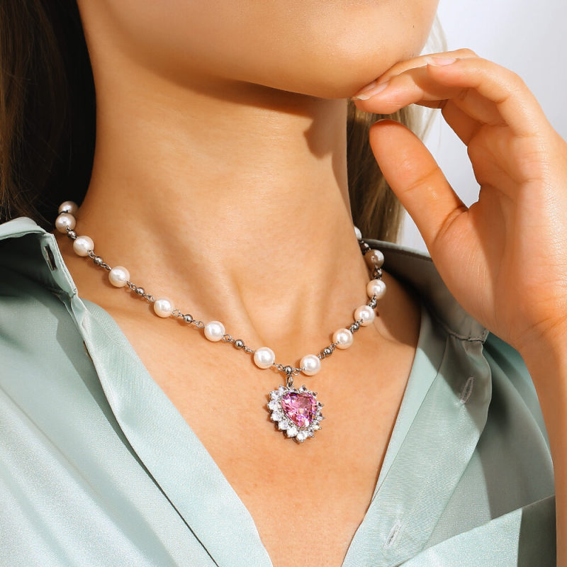 8mm 18in  June Birthstone Diamond Pink Spinel Heart Pendant Pearl Necklace for Women