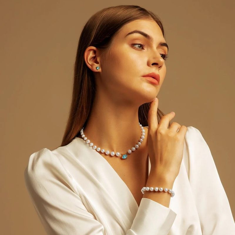 8mm 14in September Birthstone Aqua Blue Diamond Freshwater Pearl Beaded Necklace