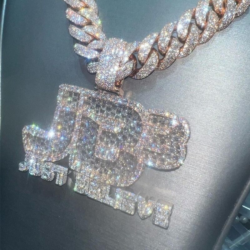 Custom Emerald Moissanite Diamond Letter Pendant, Rose Gold Plated, Iced Out Jewelry, Hip Hop Rapper Name Necklace Chain