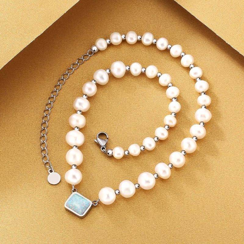 8mm 14in Opal March Birthstone Freshwater Pearl Beaded Necklace