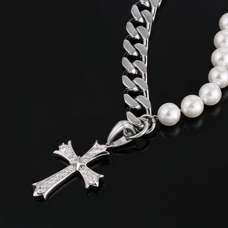 10mm 18in Cuban Link Pearl Necklace in White Gold with 10mm Cuban Link Chain and Diamond Cross Pendant