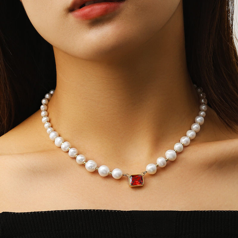 8mm 14+3'' Red Ruby Freshwater Pearl Beaded Necklace