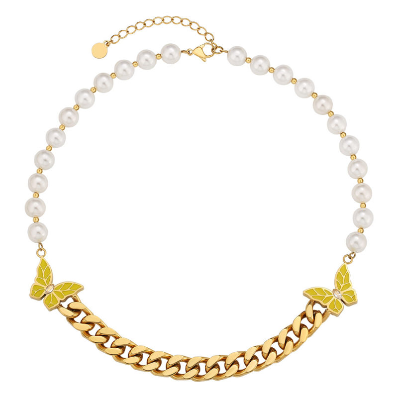 8mm 18in  Pearl Cuban Necklace with Double Butterfly for Women