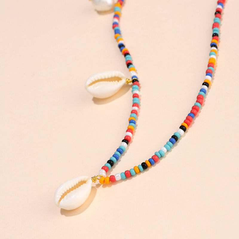 6mm 19in Colorful Beaded Shell Necklace with Handmade Braided Pearl Rice Beads for Women