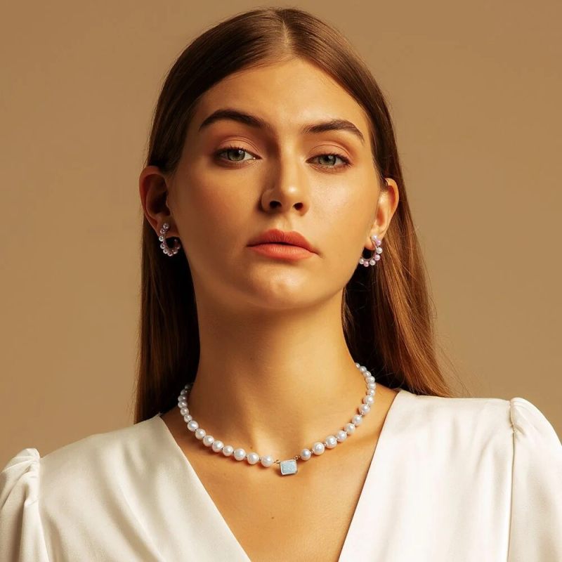 8mm 14in Opal March Birthstone Freshwater Pearl Beaded Necklace