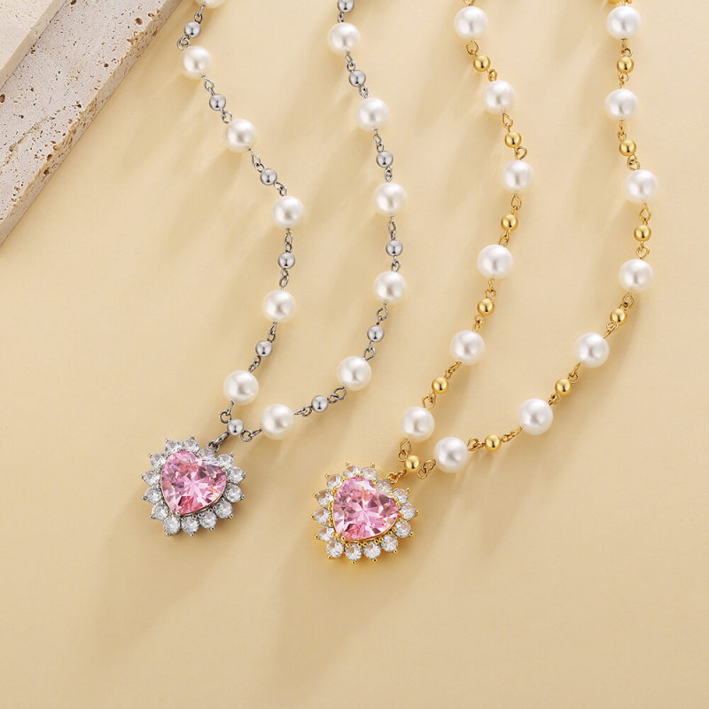 8mm 18in  June Birthstone Diamond Pink Spinel Heart Pendant Pearl Necklace for Women